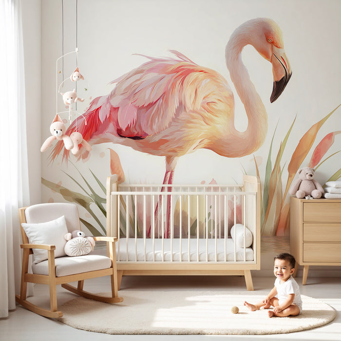 Tapet pentru camera copilului | Flamingo roz și natură acvatică