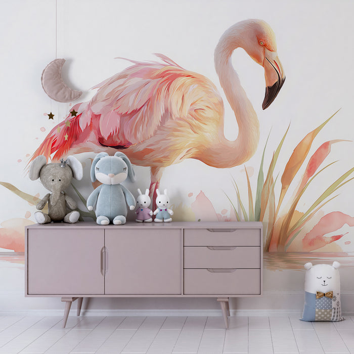Tapet pentru camera copilului | Flamingo roz și natură acvatică