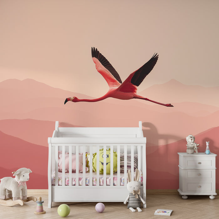 Kinderkamer behang | Roze flamingo op een achtergrond van zachte bergen