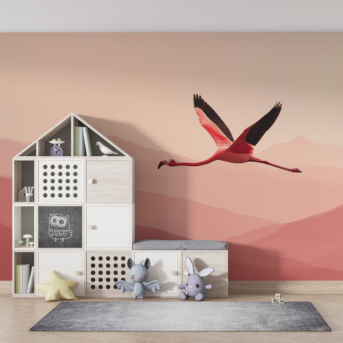 Kinderkamer behang | Roze flamingo op een achtergrond van zachte bergen