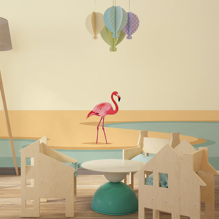 Lastenhuoneen tapetti | Vaaleanpunainen flamingo aurinkoisella rannalla
