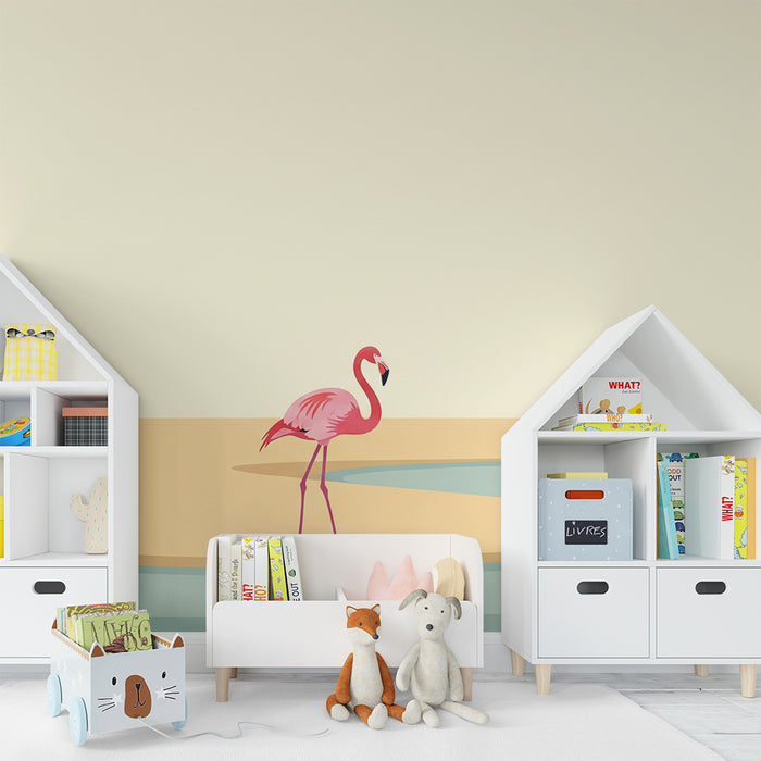 Lastenhuoneen tapetti | Vaaleanpunainen flamingo aurinkoisella rannalla