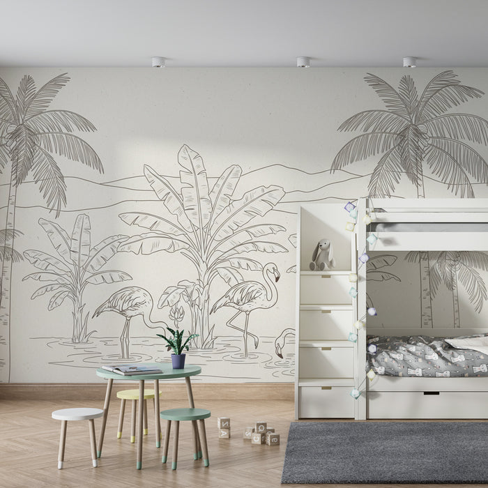 Kinderkamer behang | Flamingi in palme v tropskem okolju