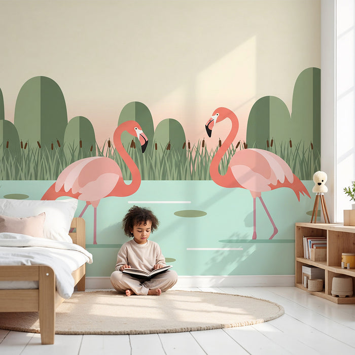 Tapet za dječju sobu | Ružičasti flamingosi uz mirno jezero