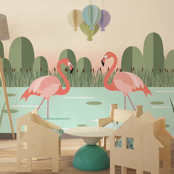 Tapet za dječju sobu | Ružičasti flamingosi uz mirno jezero