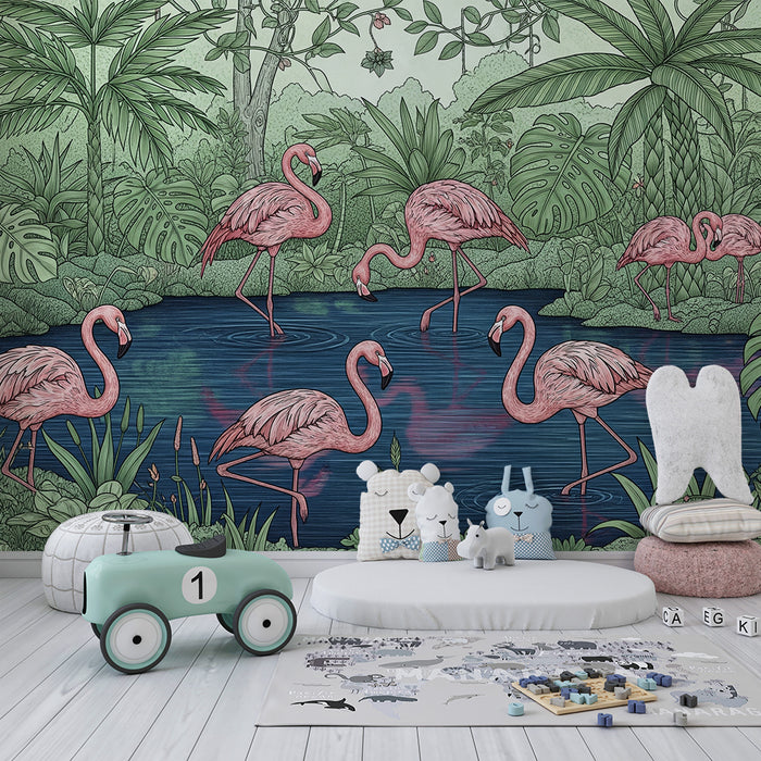 Gyermekszoba tapéta | Rózsaszín flamingók trópusi tóparton
