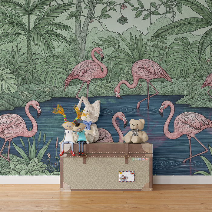 Gyermekszoba tapéta | Rózsaszín flamingók trópusi tóparton
