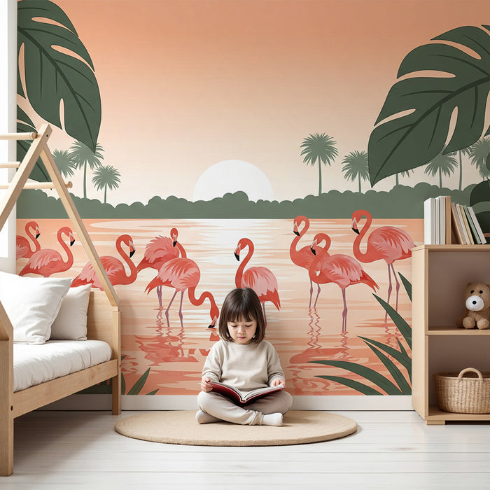 Papel pintado infantil | Flamencos en la orilla del agua con follaje tropical