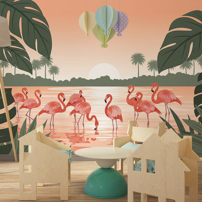 Papel pintado infantil | Flamencos en la orilla del agua con follaje tropical