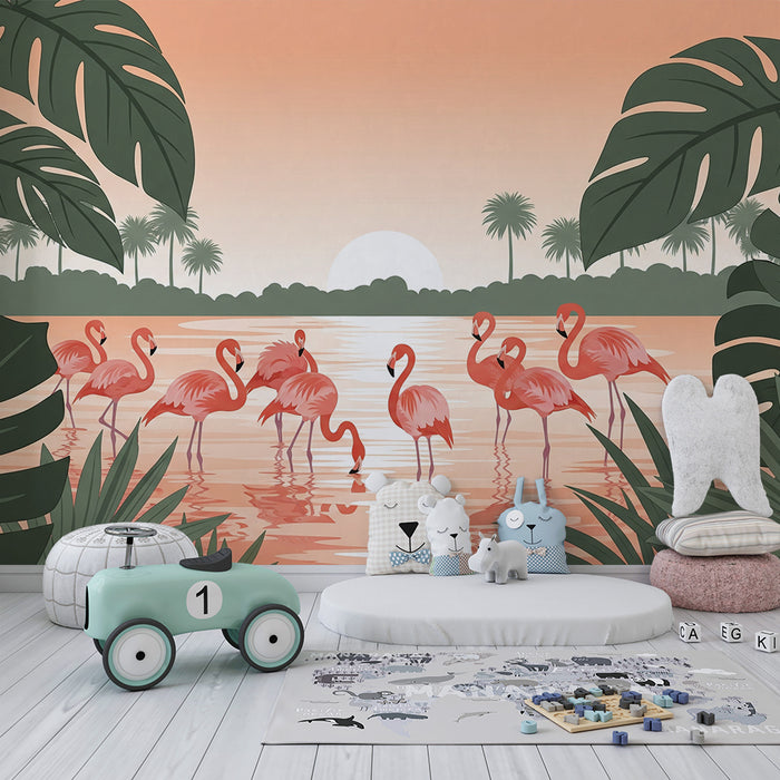 Papel pintado infantil | Flamencos en la orilla del agua con follaje tropical