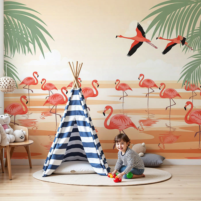Kinderzimmer Tapete | Flamingos am Wasser mit üppigen Palmen