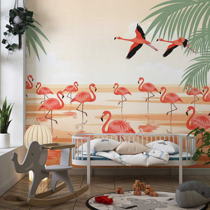 Kinderzimmer Tapete | Flamingos am Wasser mit üppigen Palmen