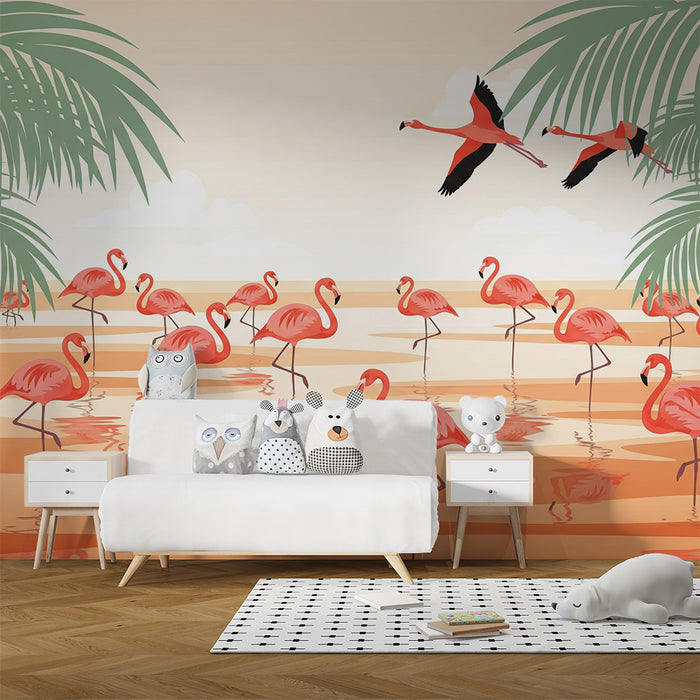Kinderzimmer Tapete | Flamingos am Wasser mit üppigen Palmen