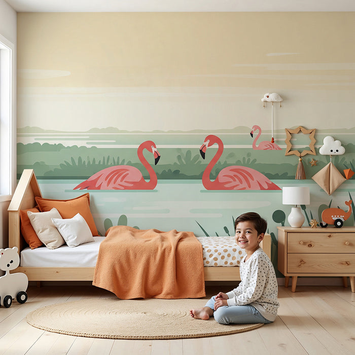 Children's bedroom wallpaper | Pink flamingos by the water surrounded by greenery