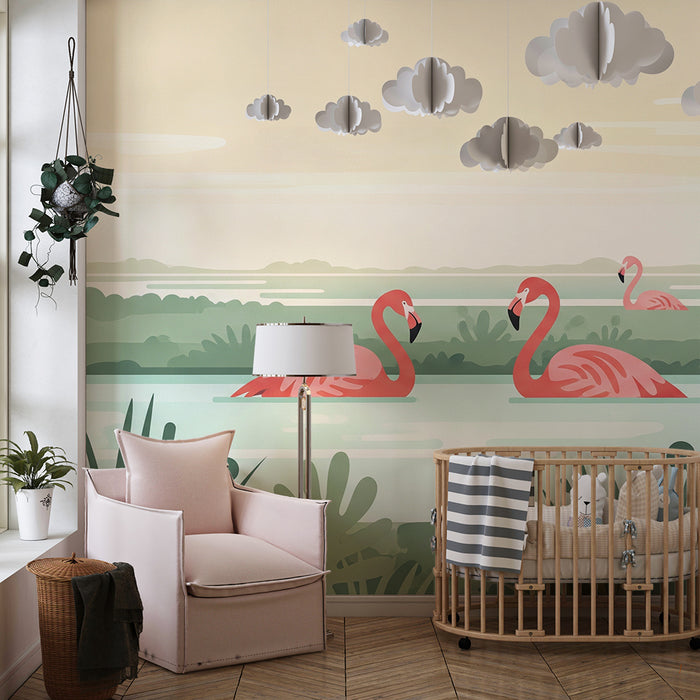 Children's bedroom wallpaper | Pink flamingos by the water surrounded by greenery