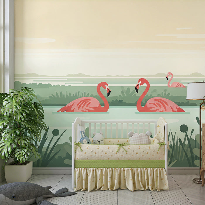 Children's bedroom wallpaper | Pink flamingos by the water surrounded by greenery