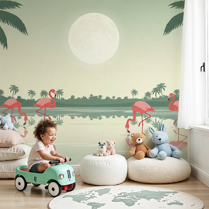 Behang kinderkamer | Flamingo's bij het water onder de volle maan