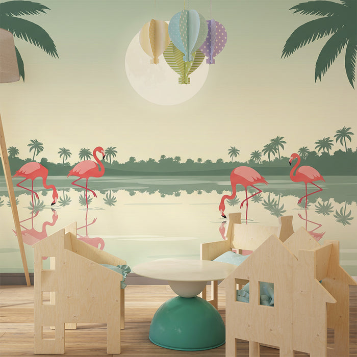 Behang kinderkamer | Flamingo's bij het water onder de volle maan