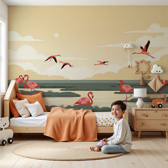Children's bedroom wallpaper | Pink flamingos by the water under a pastel sky