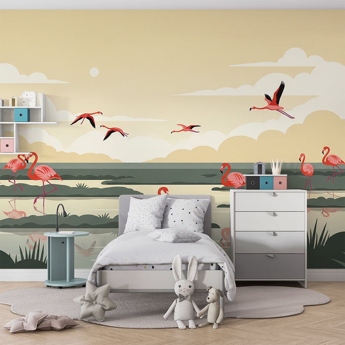 Children's bedroom wallpaper | Pink flamingos by the water under a pastel sky