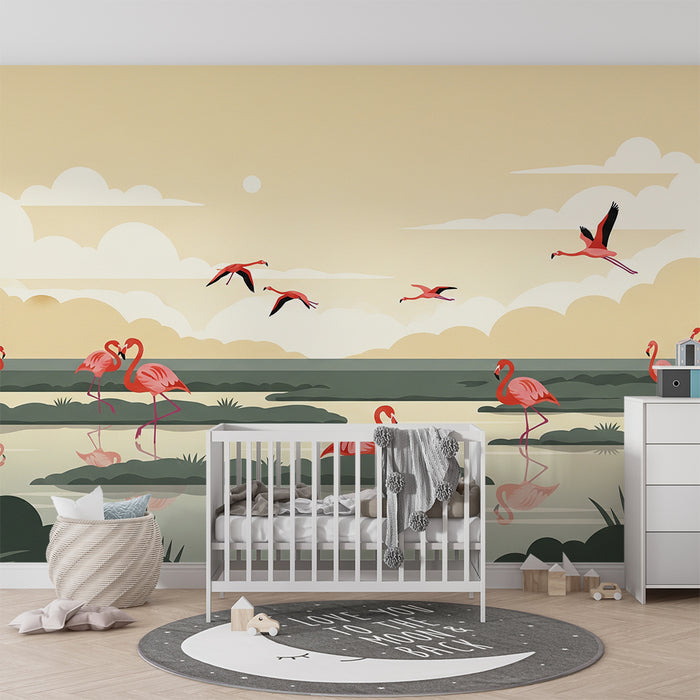 Children's bedroom wallpaper | Pink flamingos by the water under a pastel sky