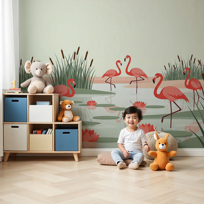 Kinderzimmer Tapete | Flamingos in einer beruhigenden Wasserlandschaft