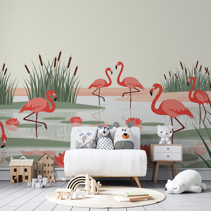 Kinderzimmer Tapete | Flamingos in einer beruhigenden Wasserlandschaft