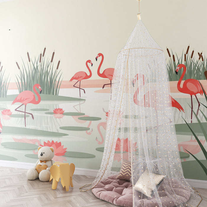 Kinderzimmer Tapete | Flamingos in einer beruhigenden Wasserlandschaft
