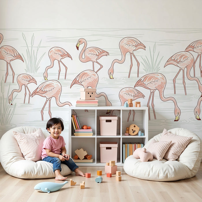 Kinderzimmer Tapete | Flamingos in einer beruhigenden Wasserlandschaft