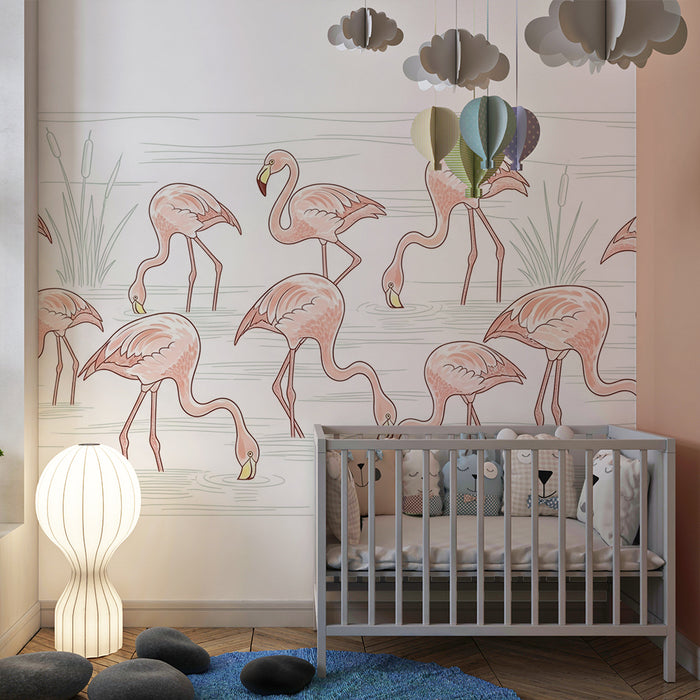 Kinderzimmer Tapete | Flamingos in einer beruhigenden Wasserlandschaft