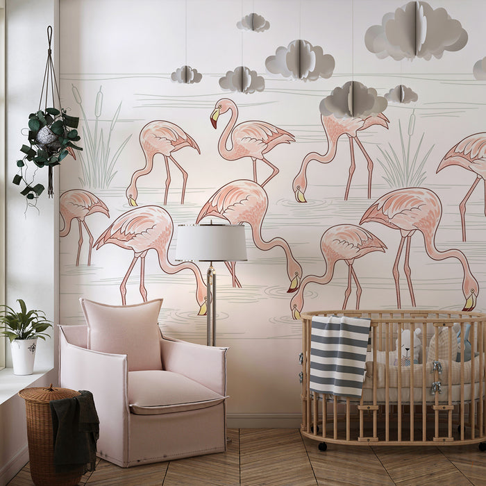 Kinderzimmer Tapete | Flamingos in einer beruhigenden Wasserlandschaft