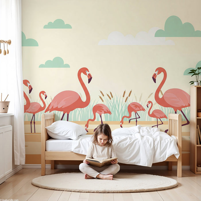 Kids' Room Wallpaper | Pink Flamingos in a Sunny Water Landscape