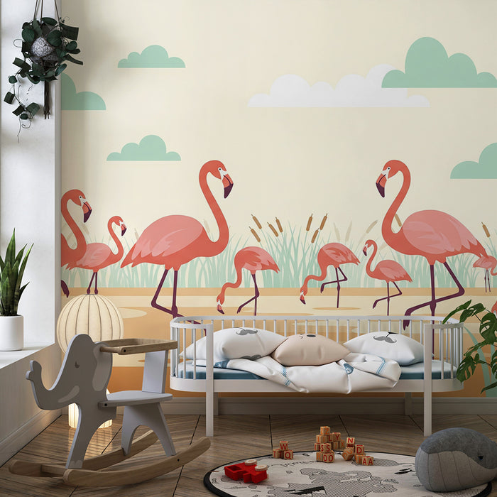 Kids' Room Wallpaper | Pink Flamingos in a Sunny Water Landscape