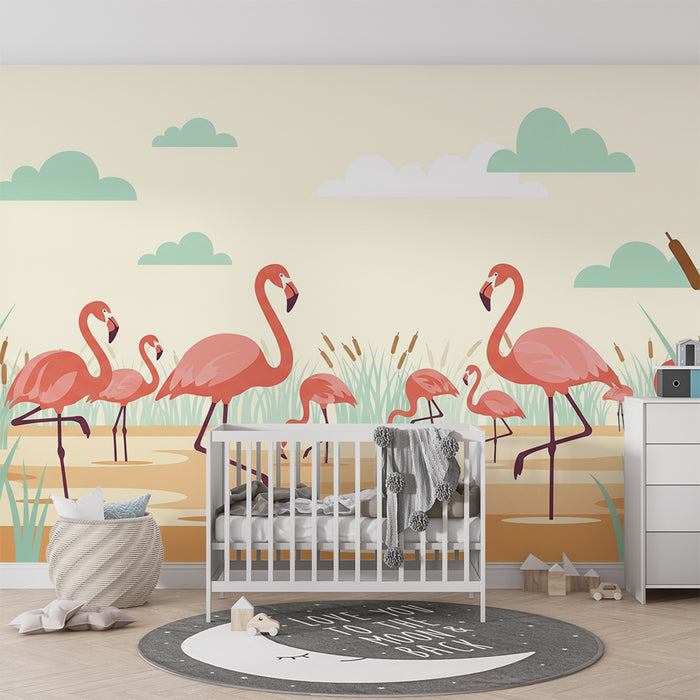 Kids' Room Wallpaper | Pink Flamingos in a Sunny Water Landscape