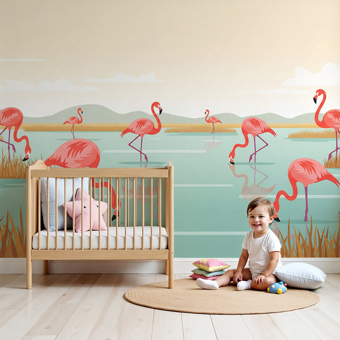 Barnväggpapper | Rosa flamingos i ett lugnt vattenlandskap