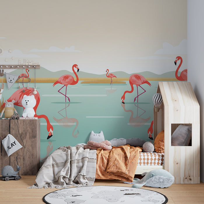 Barnväggpapper | Rosa flamingos i ett lugnt vattenlandskap