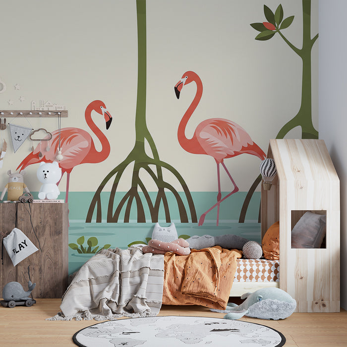 Tapeta za dječju sobu | Ružičasti flamingosi u tropskom vodenom krajoliku