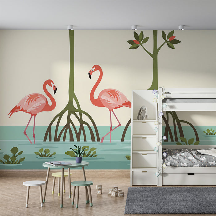 Tapeta za dječju sobu | Ružičasti flamingosi u tropskom vodenom krajoliku