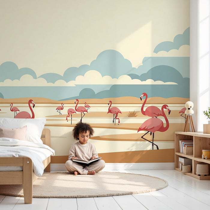 Kids' Room Wallpaper | Flamingos in a Peaceful Landscape