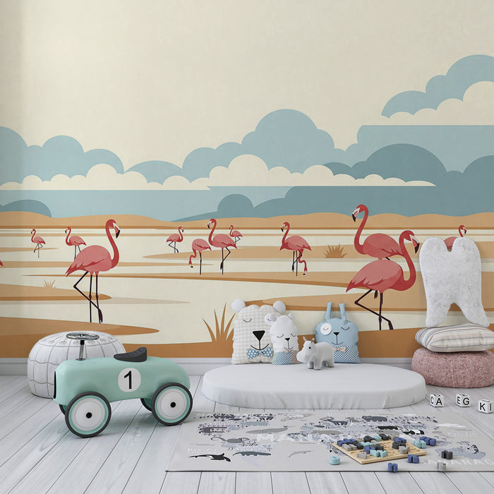 Kids' Room Wallpaper | Flamingos in a Peaceful Landscape