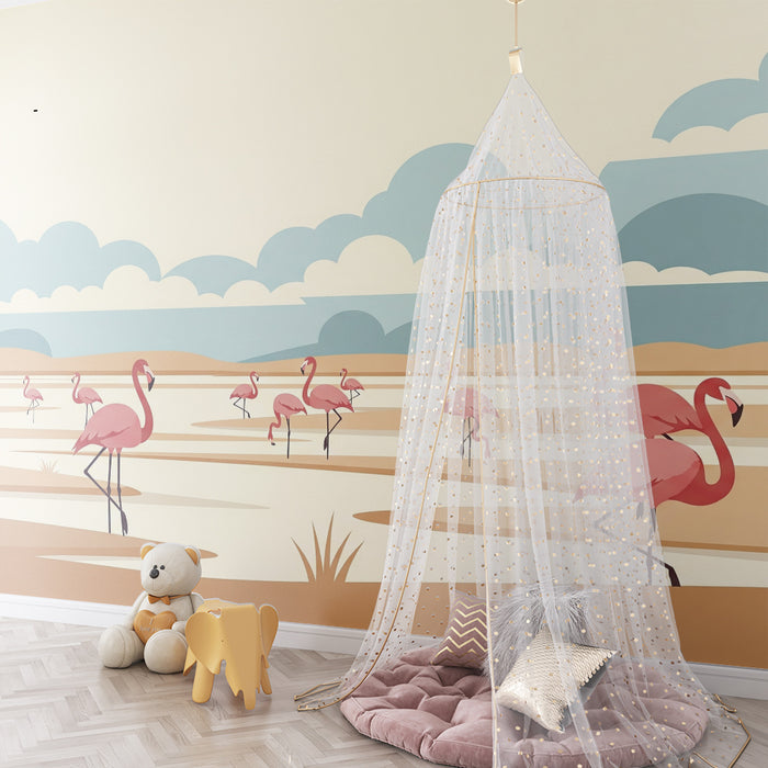 Kids' Room Wallpaper | Flamingos in a Peaceful Landscape
