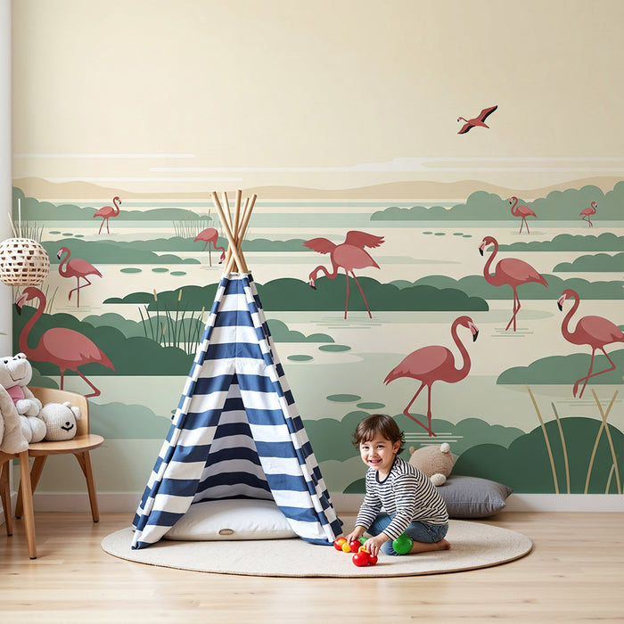 Kids' Room Wallpaper | Flamingos in a Peaceful Natural Landscape