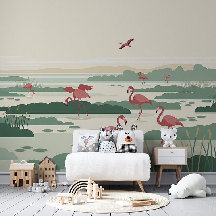 Kids' Room Wallpaper | Flamingos in a Peaceful Natural Landscape