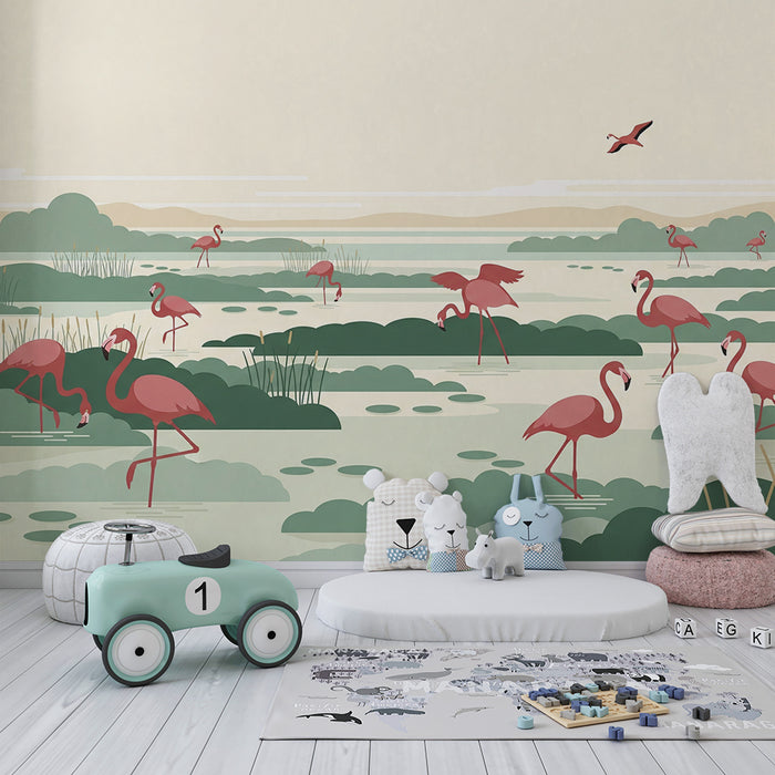 Kids' Room Wallpaper | Flamingos in a Peaceful Natural Landscape