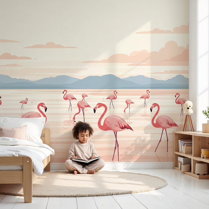 Tapet pentru camera copiilor | Flamingo roz într-un peisaj senin