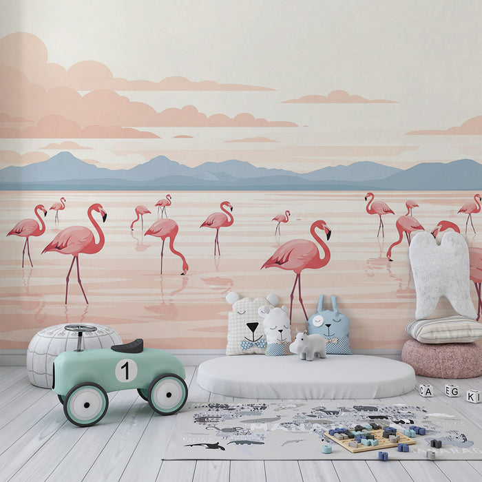 Tapet pentru camera copiilor | Flamingo roz într-un peisaj senin