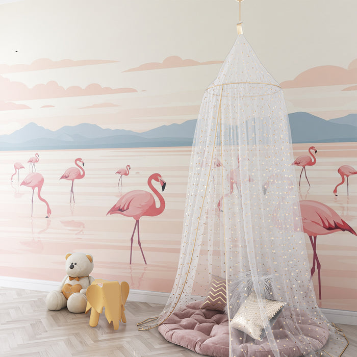 Tapet pentru camera copiilor | Flamingo roz într-un peisaj senin
