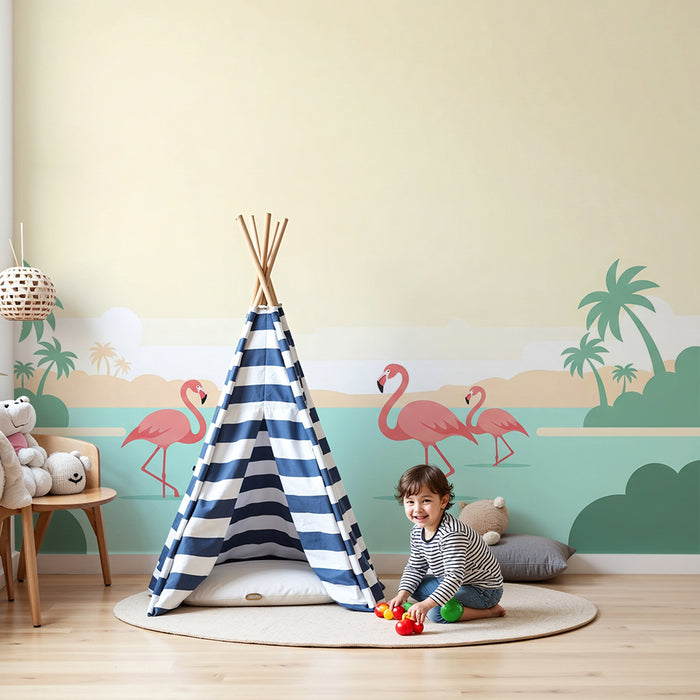 Kinderzimmer-Tapete | Flamingos in einer ruhigen Tropenlandschaft