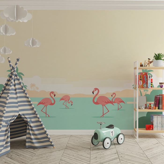 Kinderzimmer-Tapete | Flamingos in einer ruhigen Tropenlandschaft
