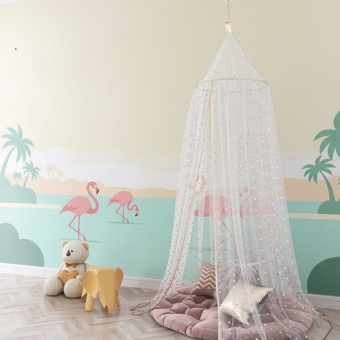 Kinderzimmer-Tapete | Flamingos in einer ruhigen Tropenlandschaft